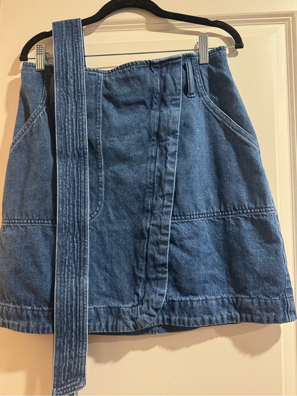CAbi Blue Denim Wrap Mini Skirt with Belt
